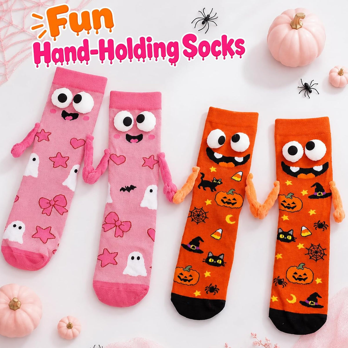 Pink and Orange Hand-Holding Halloween Socks - 2 Pairs - product image 7