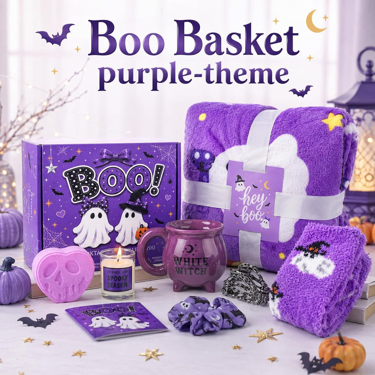Purple Halloween Boo Basket with Cauldron Mug and Blanket - product image 6