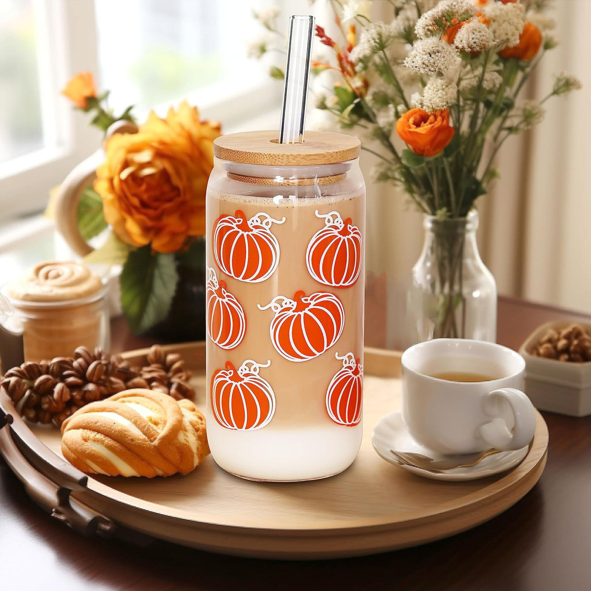Hello Fall Pumpkin Glass Cup with Bamboo Lid - 18 oz - product image 4