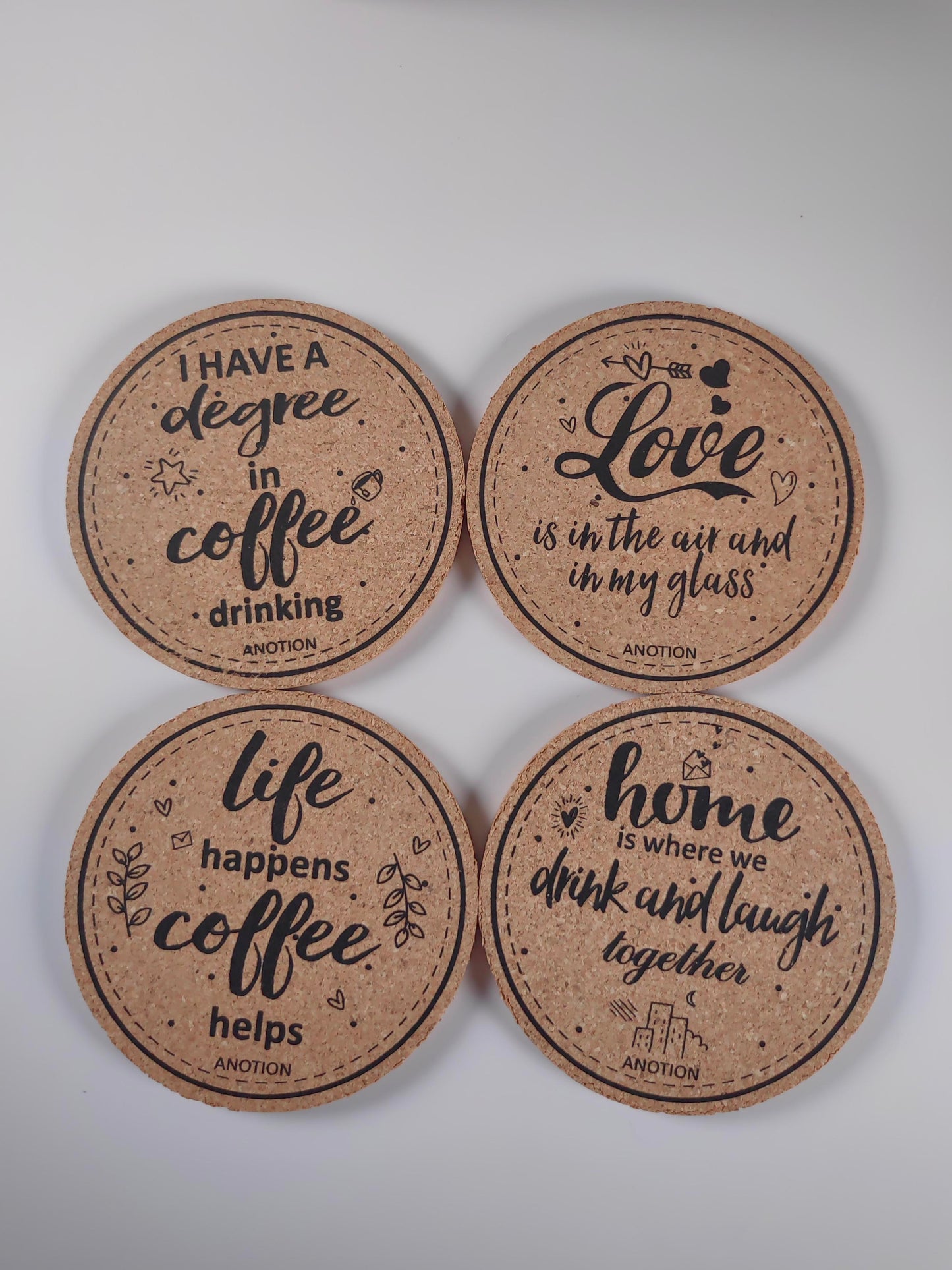 Fun 8-in-1 Personalized Cork Coaster Set - Stylish Round, Meaningful Quotes, Tabletop Guardian