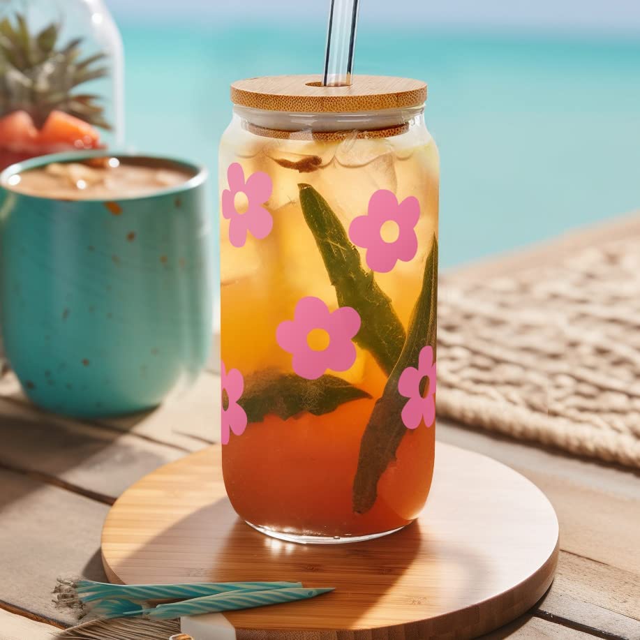 Flower Can Glass with Lids and Straw, 20OZ -Pink
