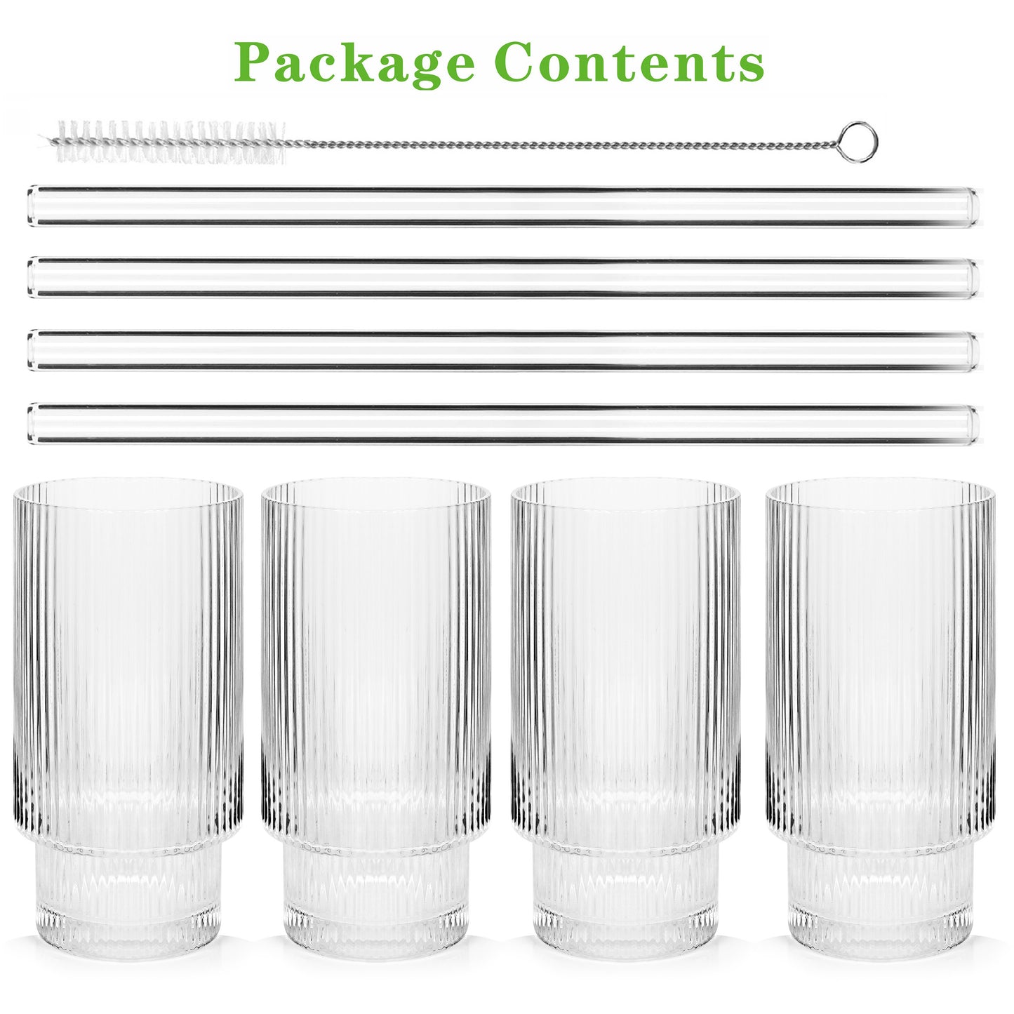 Ribbed Glass Cups with Glass Straw, 14oz
