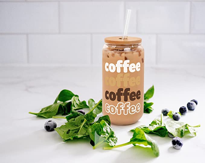 Iced Coffee Glasses Cup with bamboo lid and glass straw 20OZ-color
