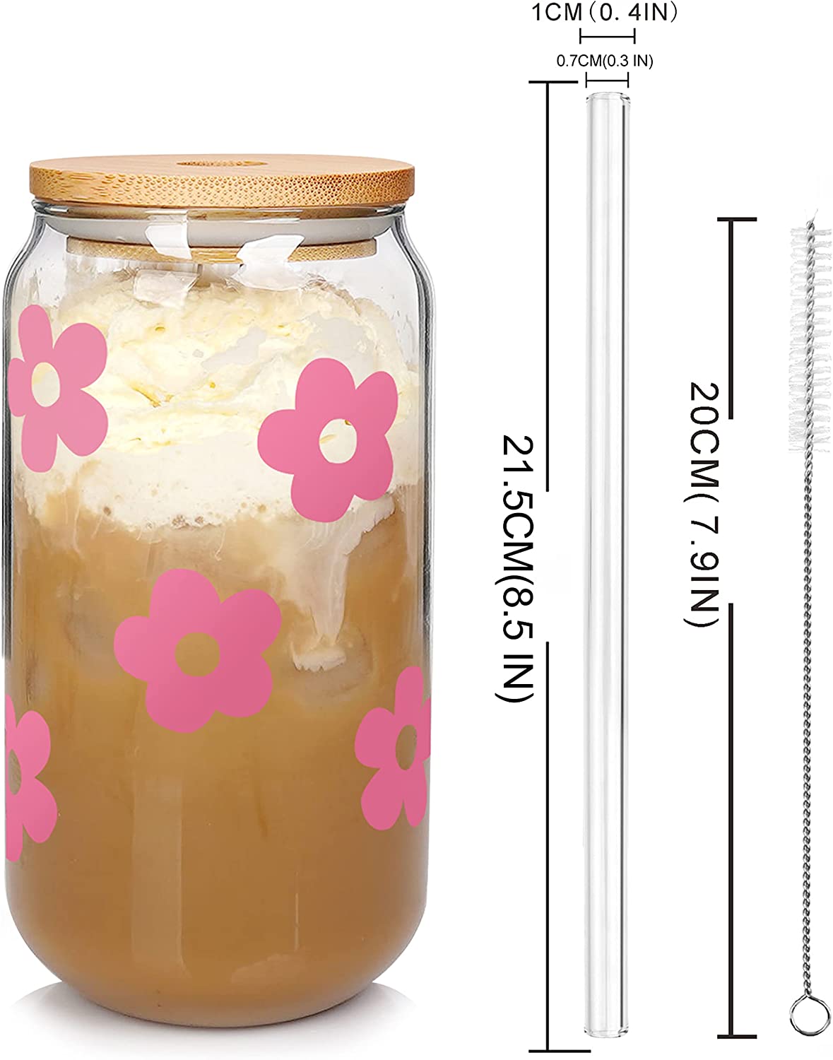 Flower Can Glass with Lids and Straw, 20OZ -Pink