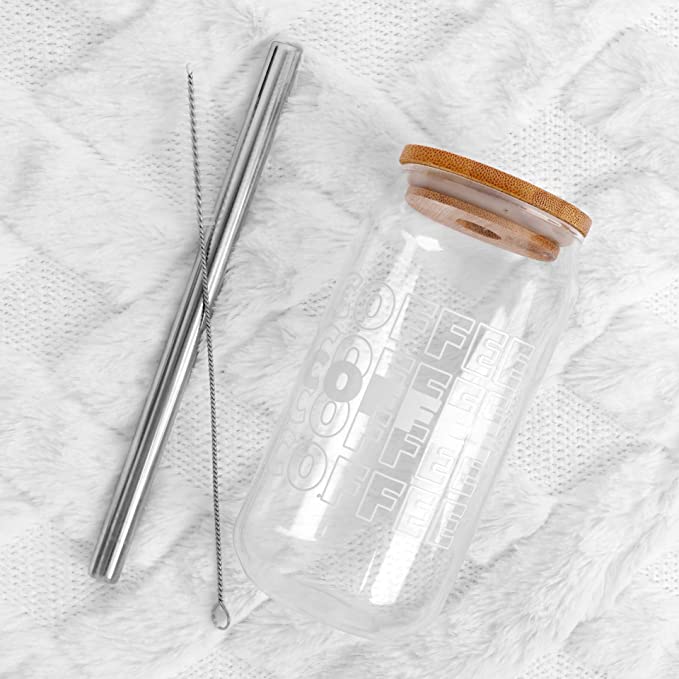 Iced Coffee Glasses Cup with bamboo lid and stainless steel straw 20OZ-white