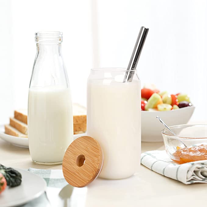 Drinking Glasses with Bamboo Lids and Straw