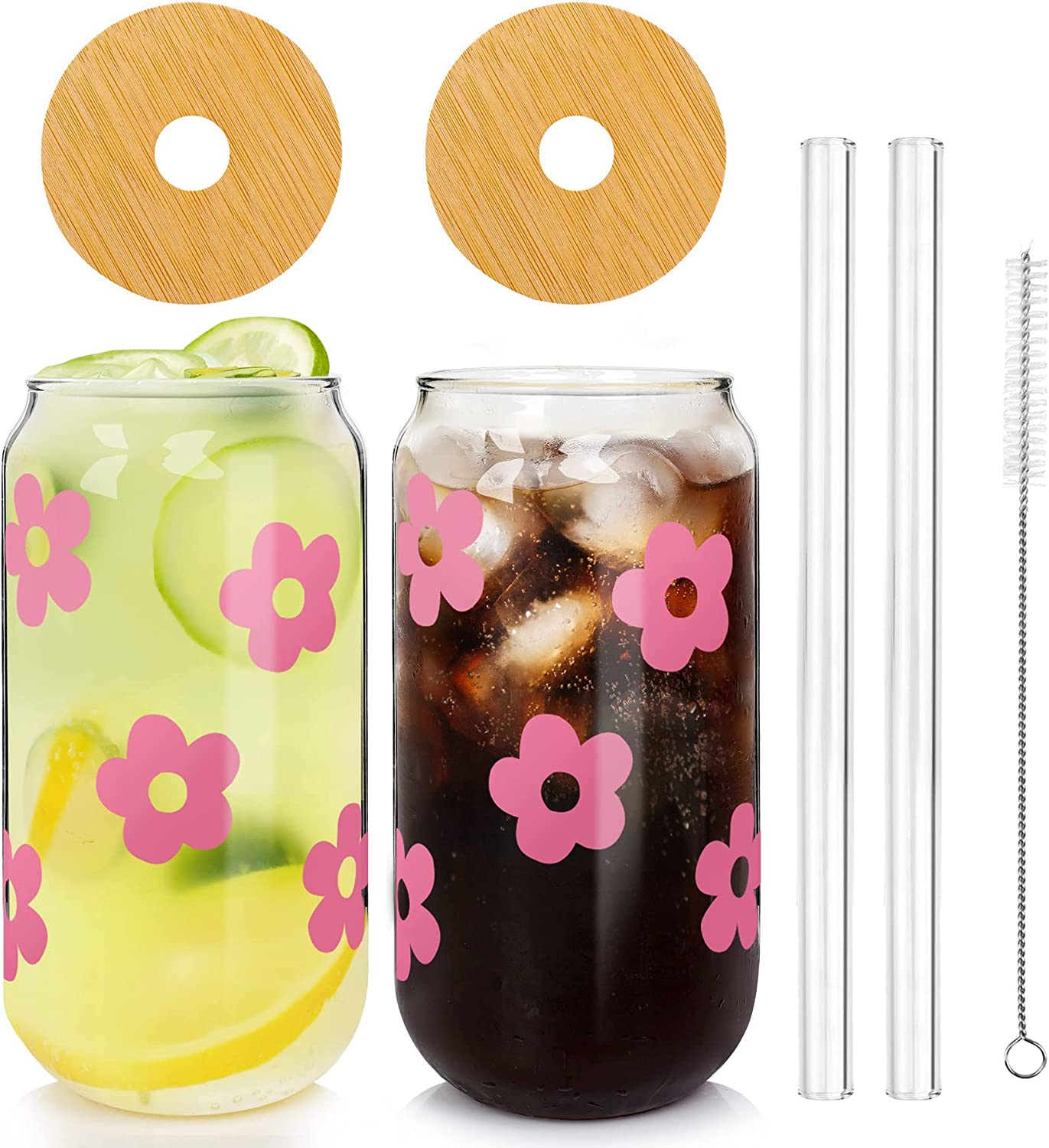 Flower Can Glass with Lids and Straw, 20OZ -Pink
