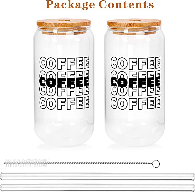 Iced Coffee Glasses Cup with bamboo lid and glass straw 20OZ-black