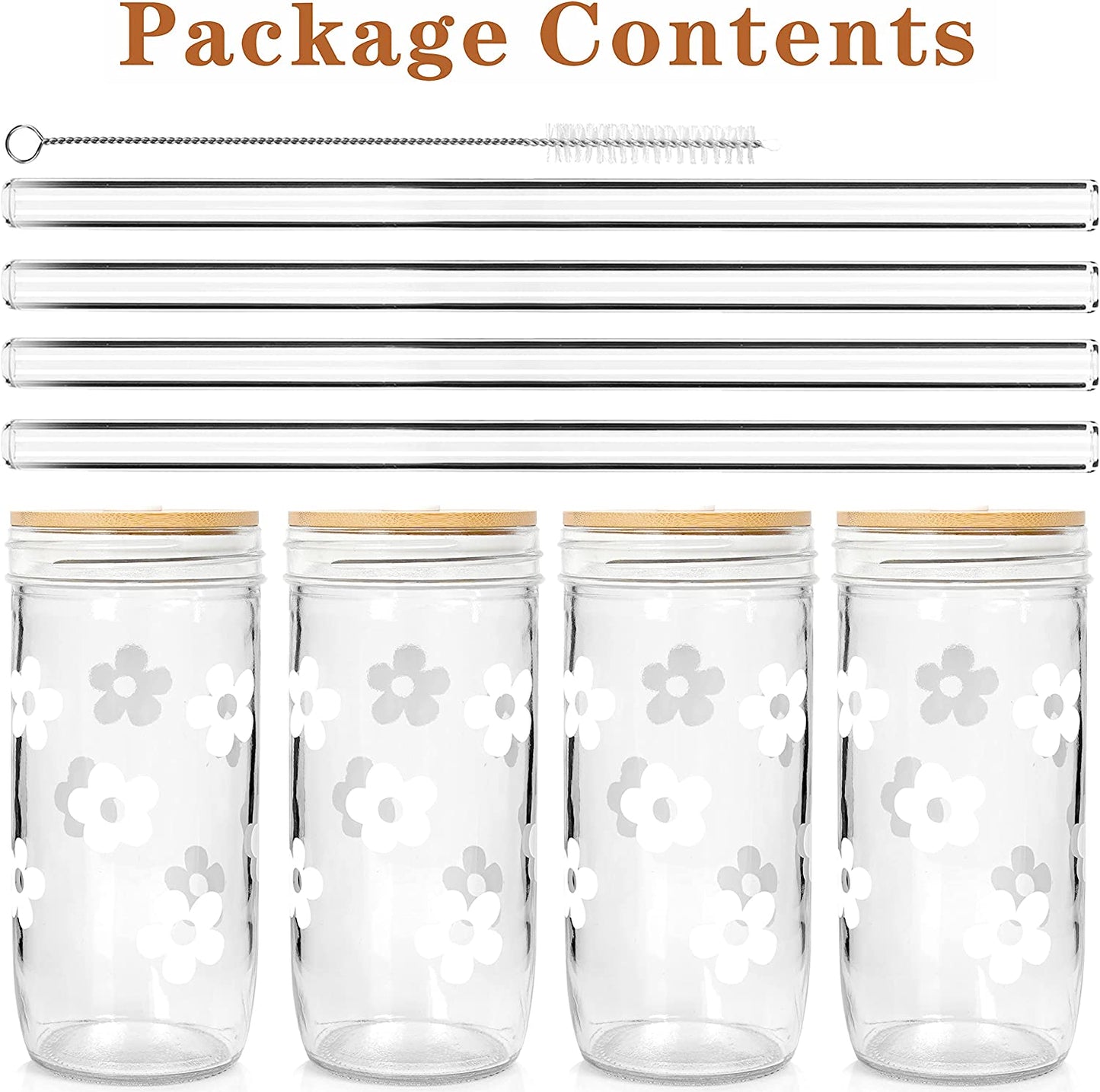 Flower Mason Jars with Lids and Straws, 24OZ-white
