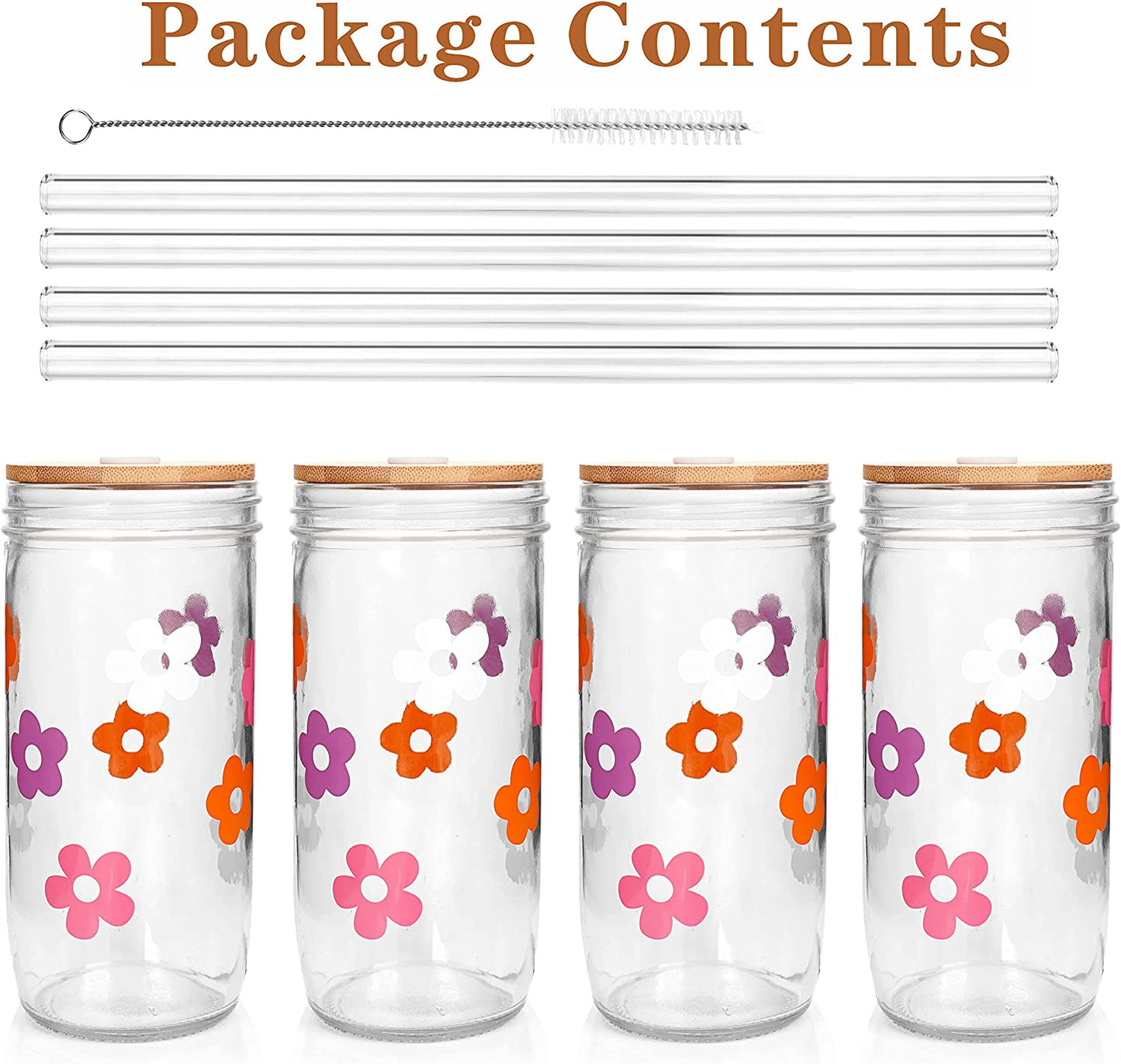 Flower Mason Jars with Lids and Straws, 24OZ-Colorful