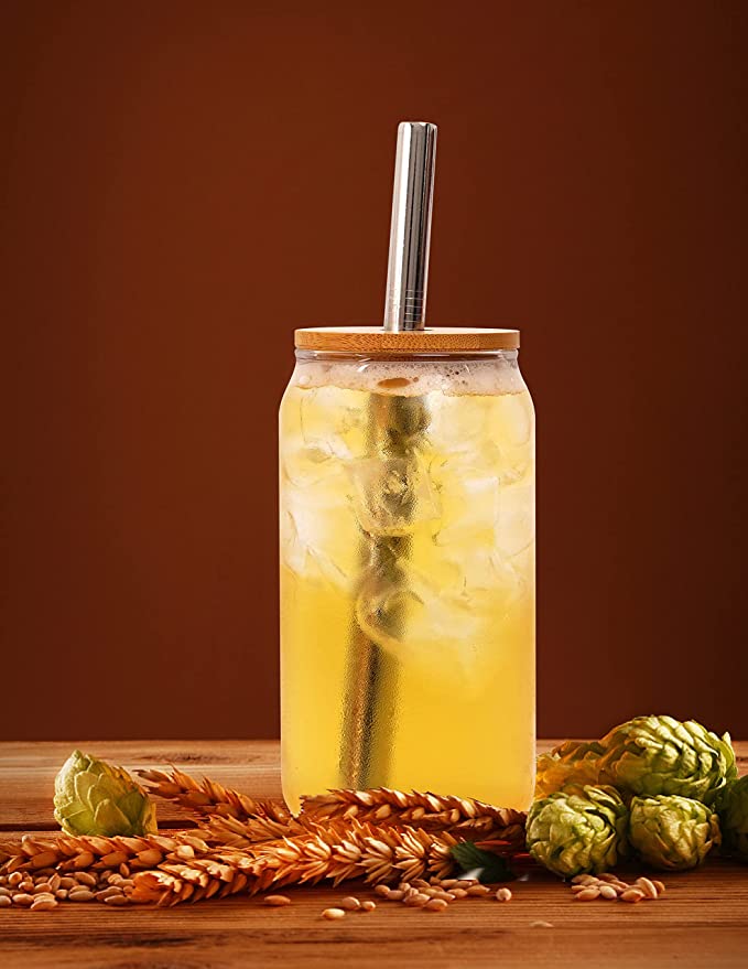 Drinking Glasses with Bamboo Lids and Straw
