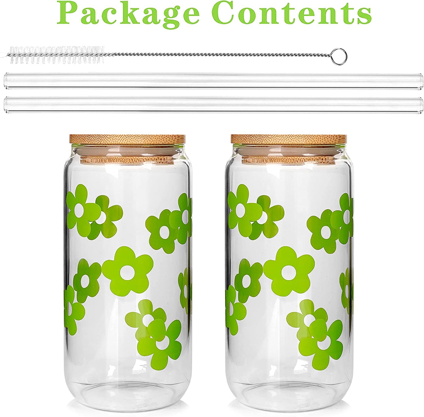 Flower Can Glass with Lids and Straw, 20OZ -Green