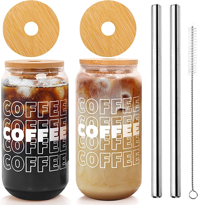 Iced Coffee Glasses Cup with bamboo lid and stainless steel straw 20OZ-white