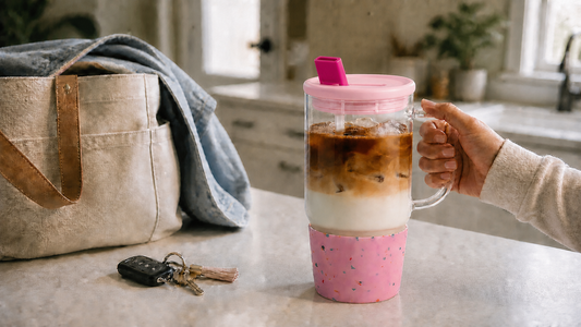 Pink 40 oz ANOTION glass tumbler ready for a morning commute