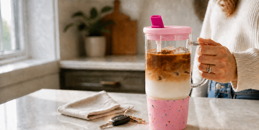 Pink 40 oz ANOTION glass tumbler with iced coffee in a morning kitchen