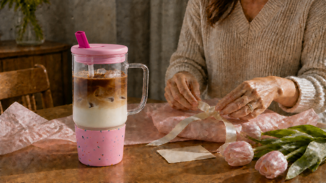 Pink 40 oz ANOTION glass tumbler prepared as a thoughtful Mother's Day gift