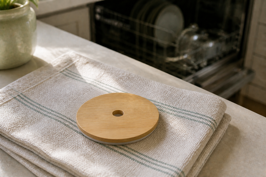 Bamboo mason jar drinking lid air drying on a clean kitchen towel