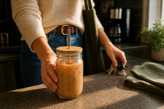 Ball-style mason jar with a bamboo drinking lid and stainless steel straw in a morning coffee routine
