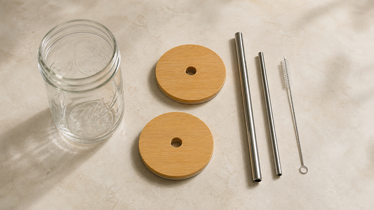 Wide-mouth bamboo drinking lids, stainless steel straws, brush, and mason jar