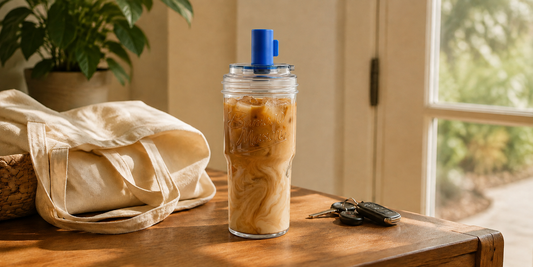 ANOTION CapCup iced coffee beside a canvas tote and car keys at home; AI-assisted lifestyle illustration