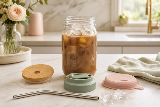 Bamboo, plastic, and silicone lid styles beside a glass mason jar of iced coffee