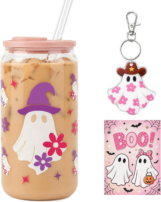Pink Halloween Ghost Glass Cup Gift Set - 16 oz - product image 1