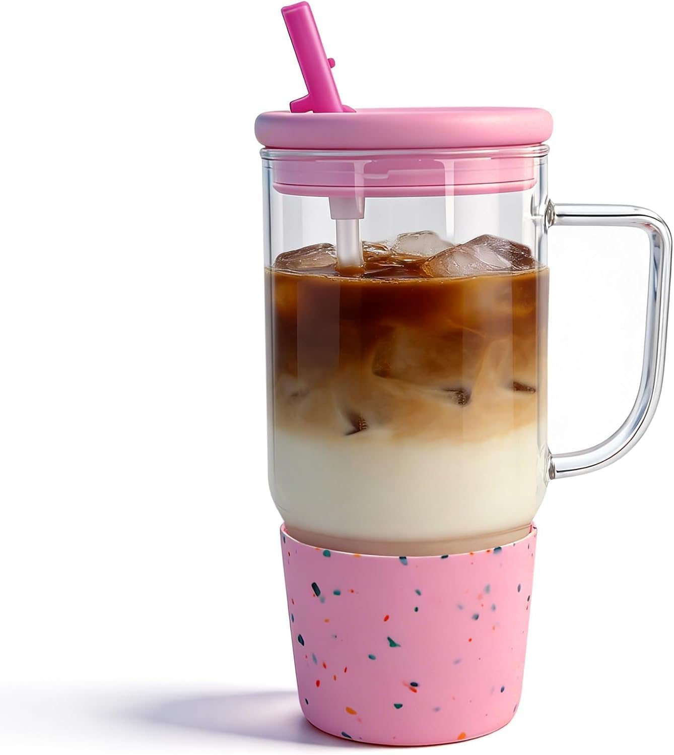 Pink 40 oz glass tumbler with handle and straw