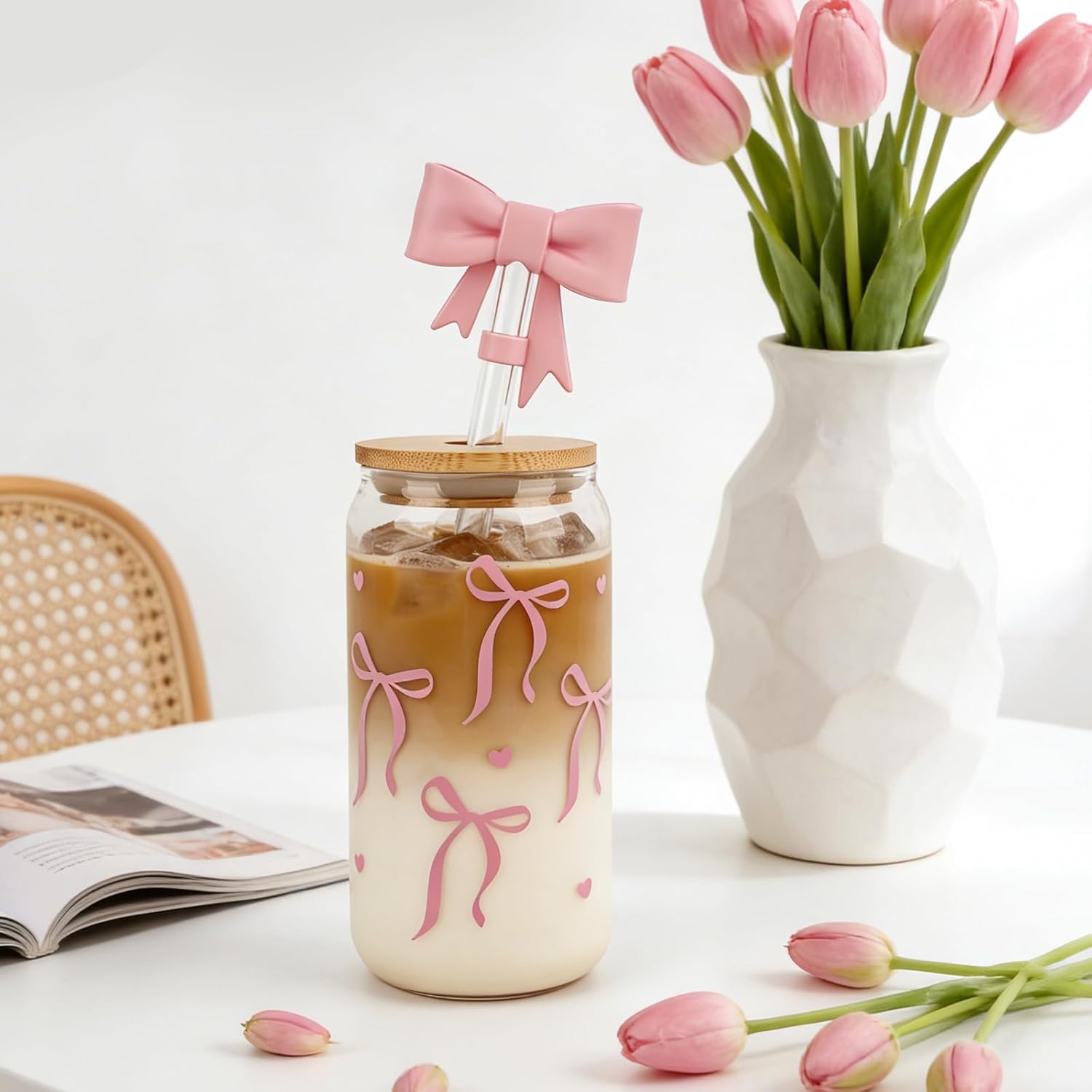 B0DT3V74SC|Pink Bows 18 oz glass cup Single|image-2