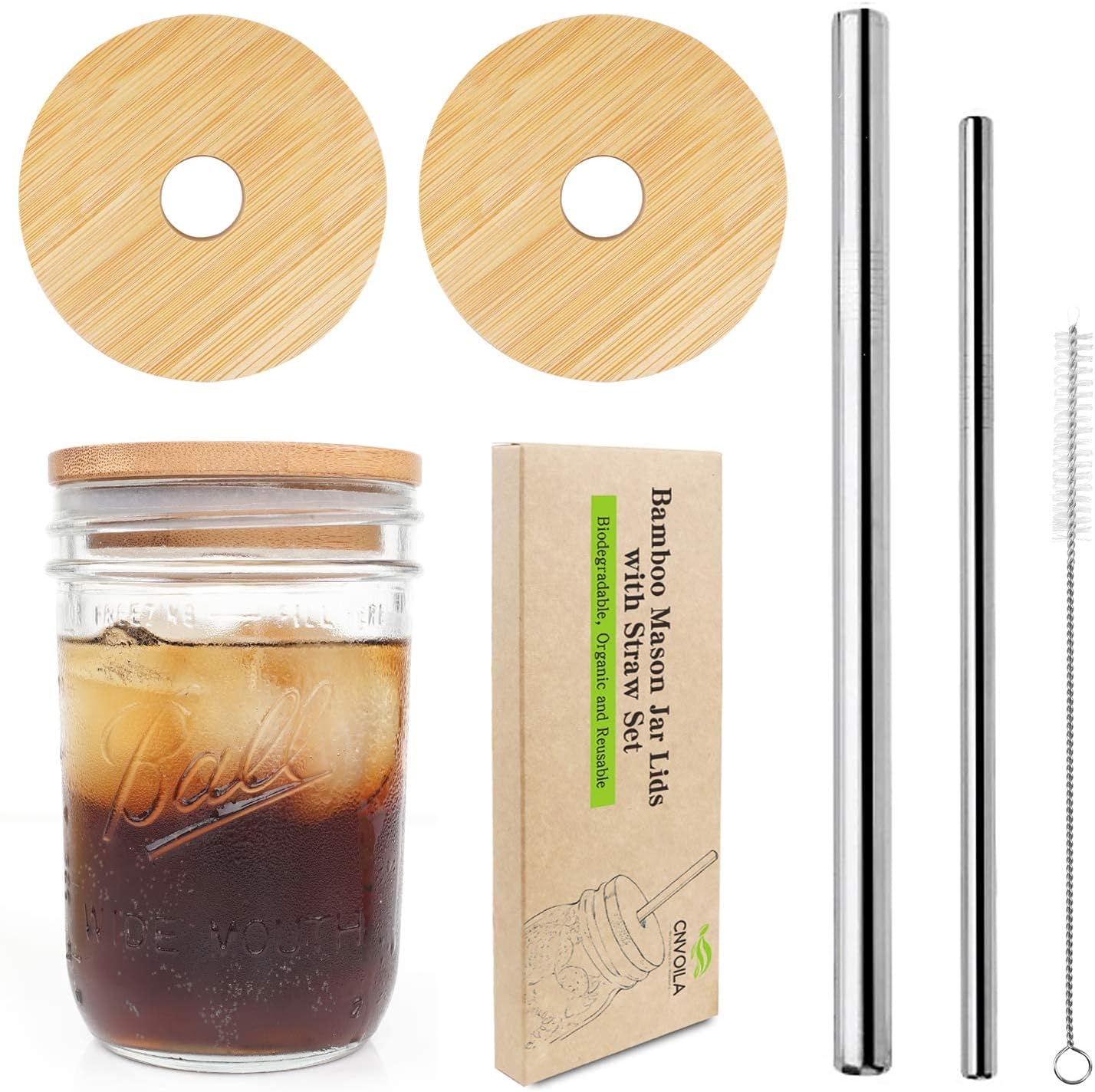 B07VYYTD3L|Wide mouth bamboo mason jar replacement lids, two straws and brush; jar not included|image-1
