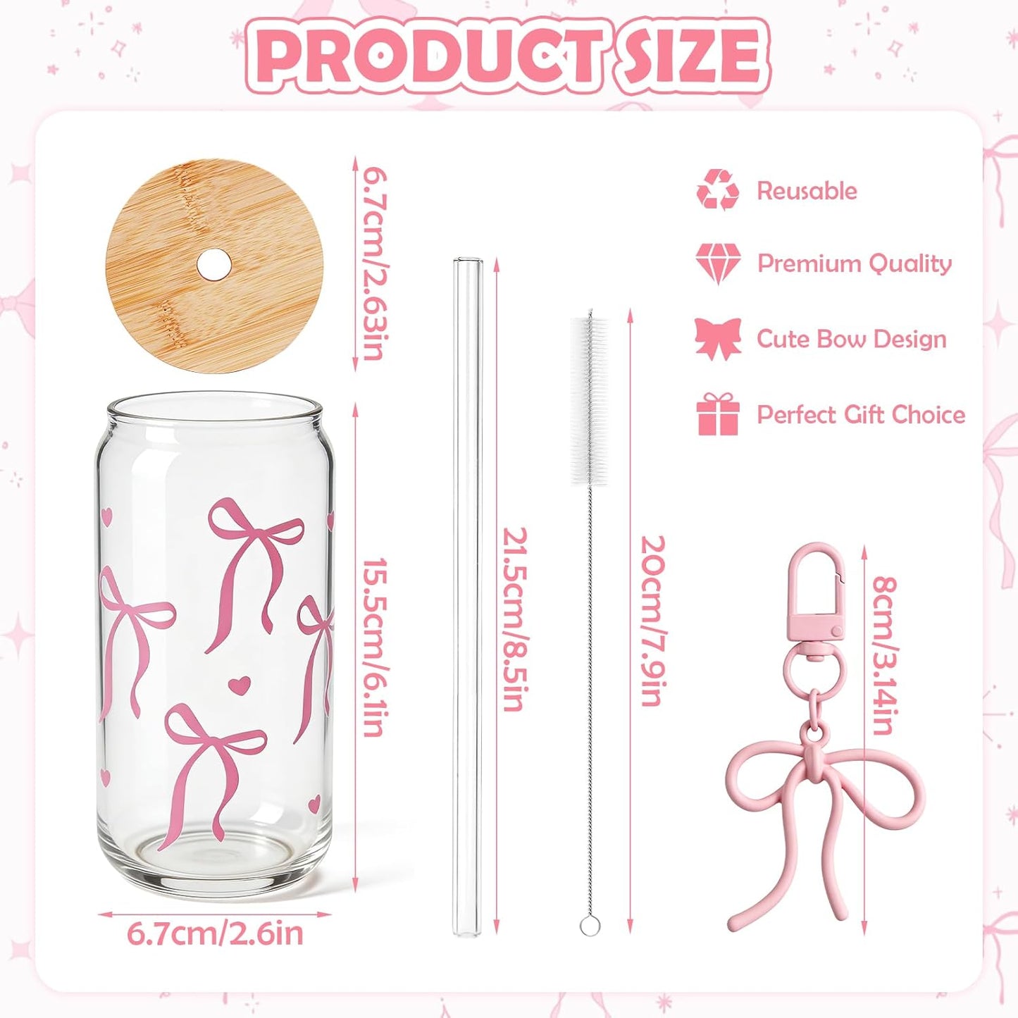 B0DT3V74SC|Pink Bows 18 oz glass cup Single|image-3