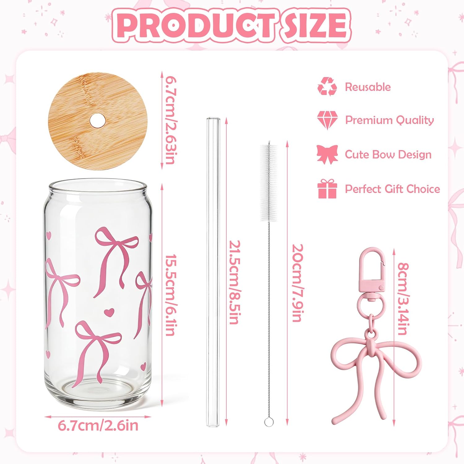 B0DT3V74SC|Pink Bows 18 oz glass cup Single|image-3