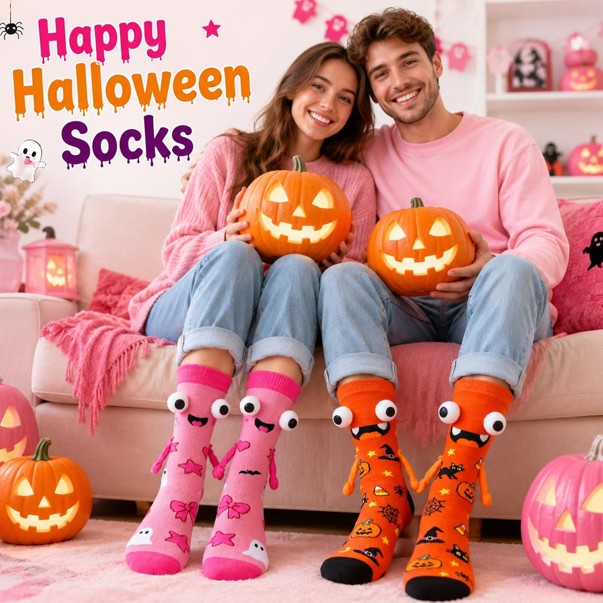 Pink and Orange Hand-Holding Halloween Socks - 2 Pairs - product image 2