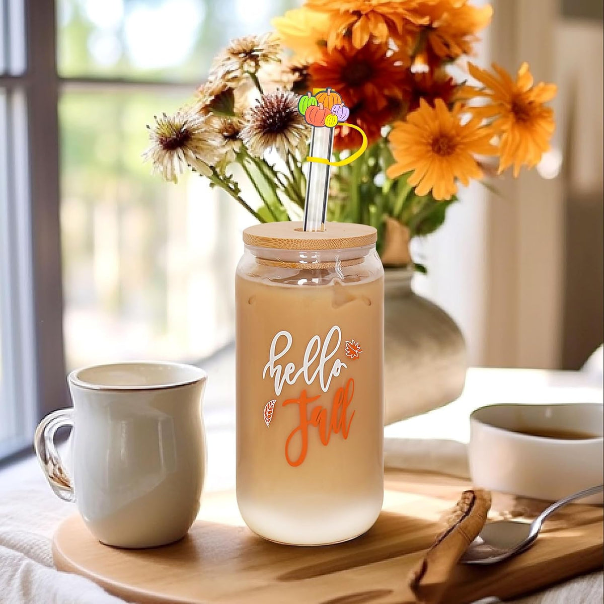 Hello Fall Pumpkin Glass Cup with Bamboo Lid - 18 oz - product image 1