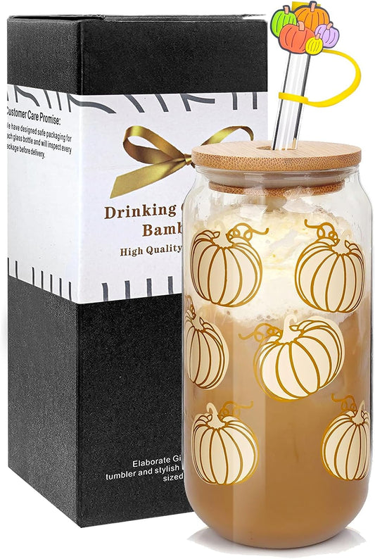 White Pumpkin Fall Glass Cup with Bamboo Lid - 18 oz - product image 1