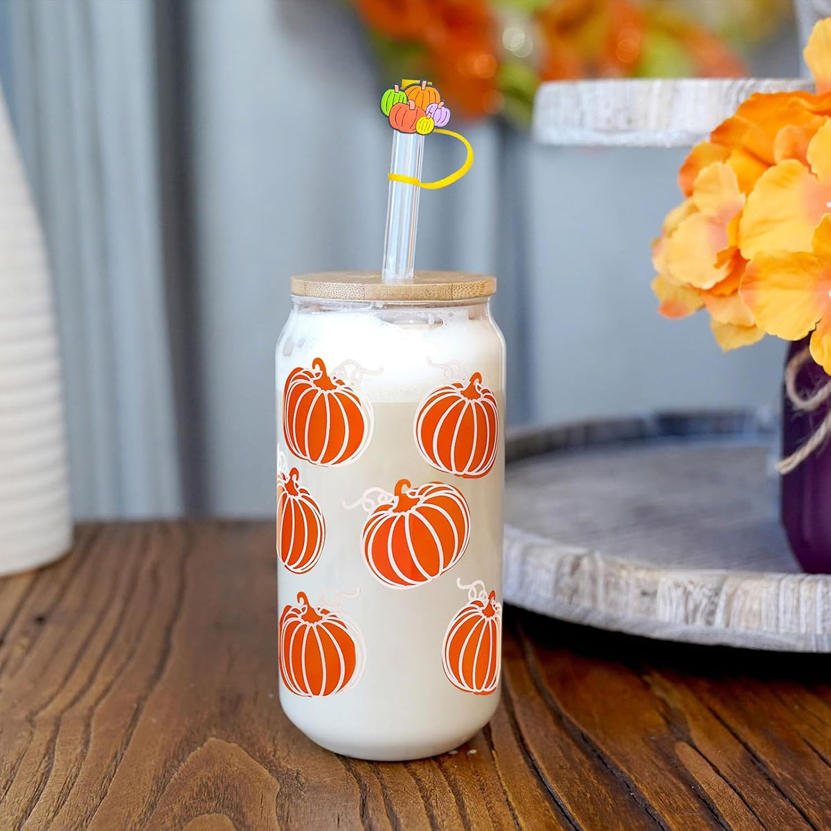 Orange Pumpkin Fall Glass Cup with Bamboo Lid - 18 oz - product image 4
