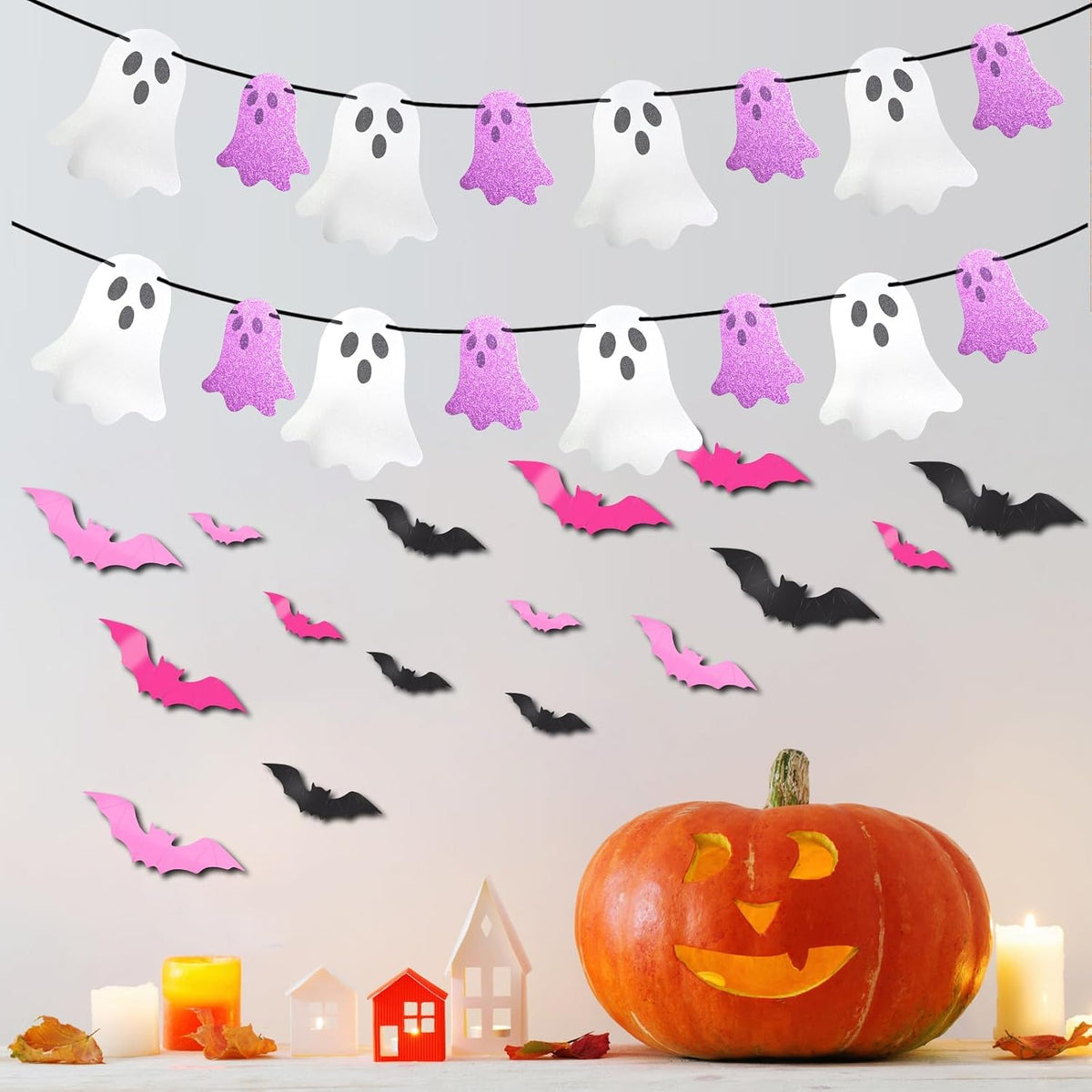 Pink Halloween Decor Set with Ghost Banners and Bat Stickers - product image 6