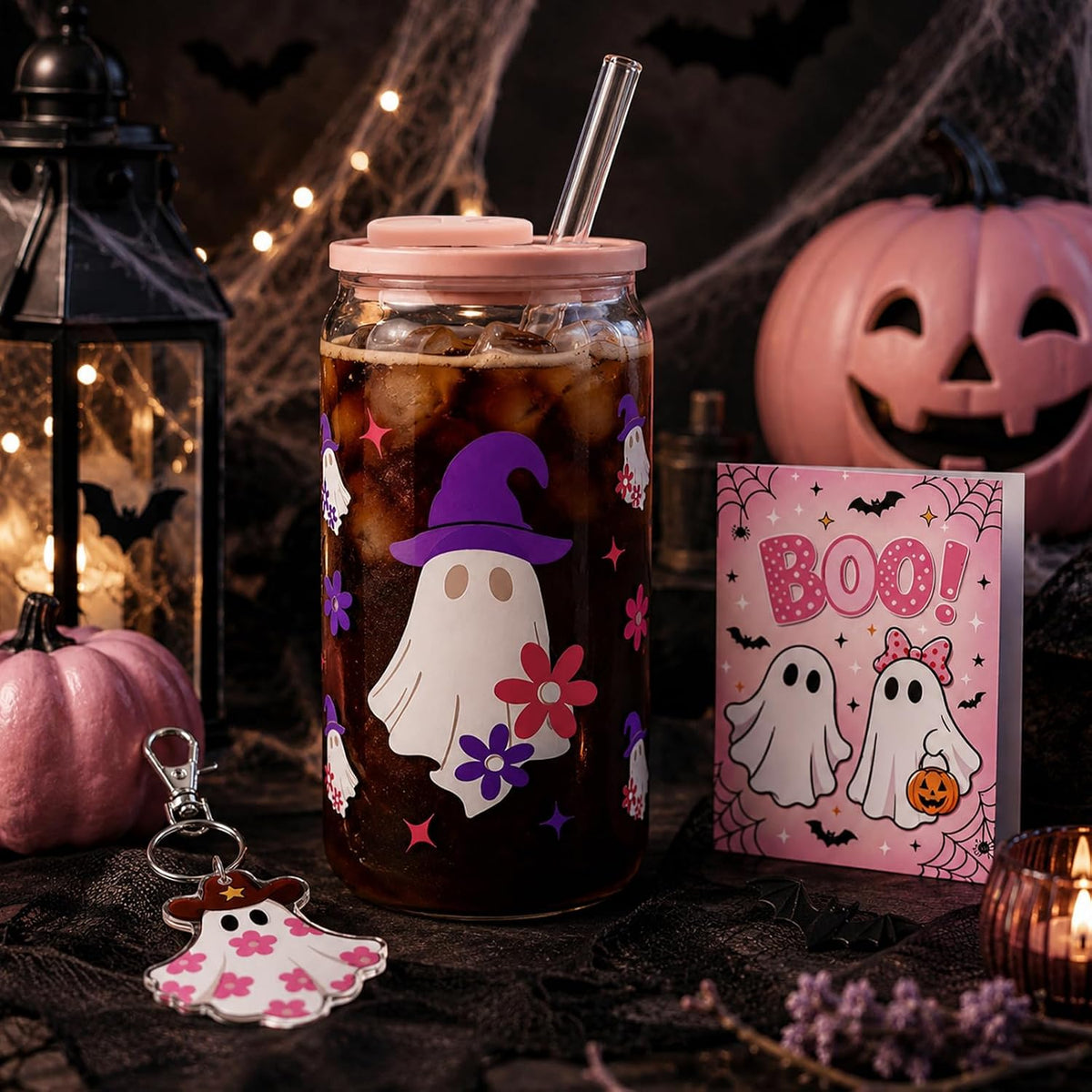 Pink Halloween Ghost Glass Cup Gift Set - 16 oz - product image 4