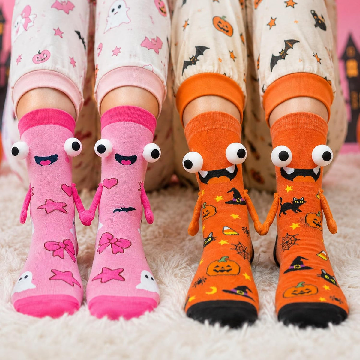 Pink and Orange Hand-Holding Halloween Socks - 2 Pairs - product image 6