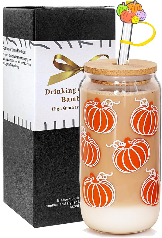 Orange Pumpkin Fall Glass Cup with Bamboo Lid - 18 oz - product image 1