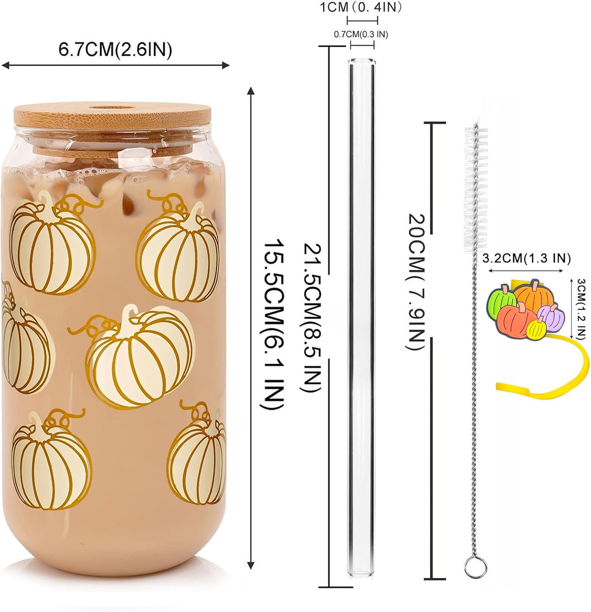 White Pumpkin Fall Glass Cup with Bamboo Lid - 18 oz - product image 2