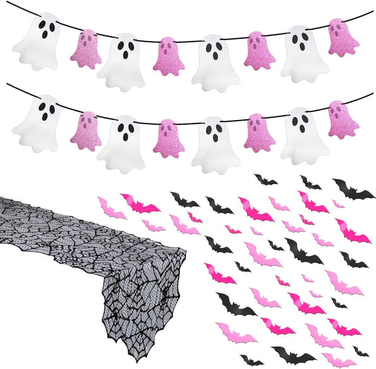 Pink Halloween Decor Set with Ghost Banners and Bat Stickers - product image 1