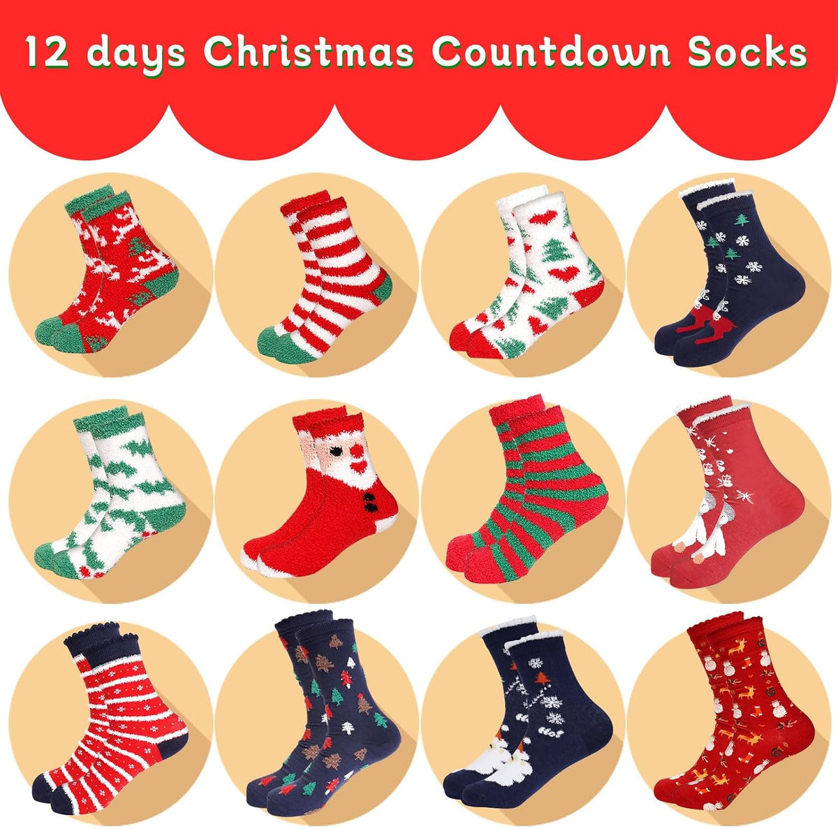 ANOTION Fuzzy Christmas Socks Advent Calendar - 12 Pairs - product view 4