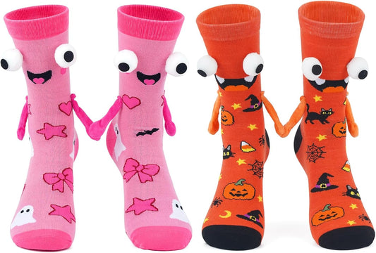 Pink and Orange Hand-Holding Halloween Socks - 2 Pairs - product image 1