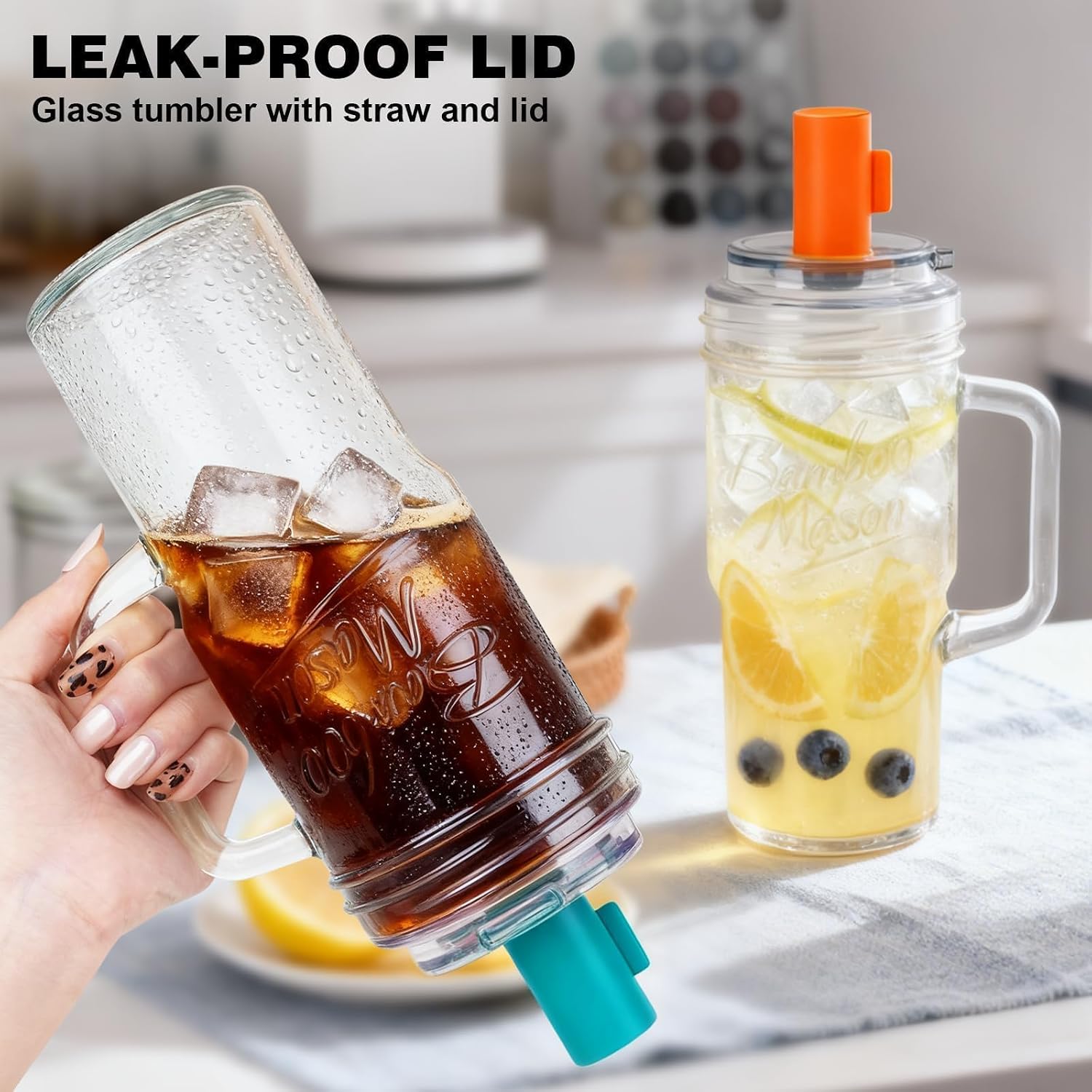 Leakproof Bamboo Mason Jar with Handle - 24 oz product image 4