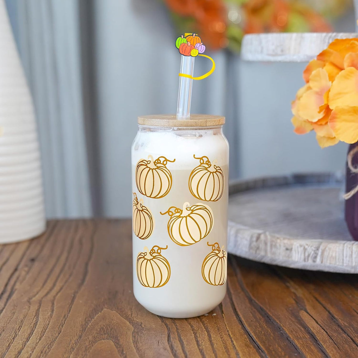White Pumpkin Fall Glass Cup with Bamboo Lid - 18 oz - product image 4