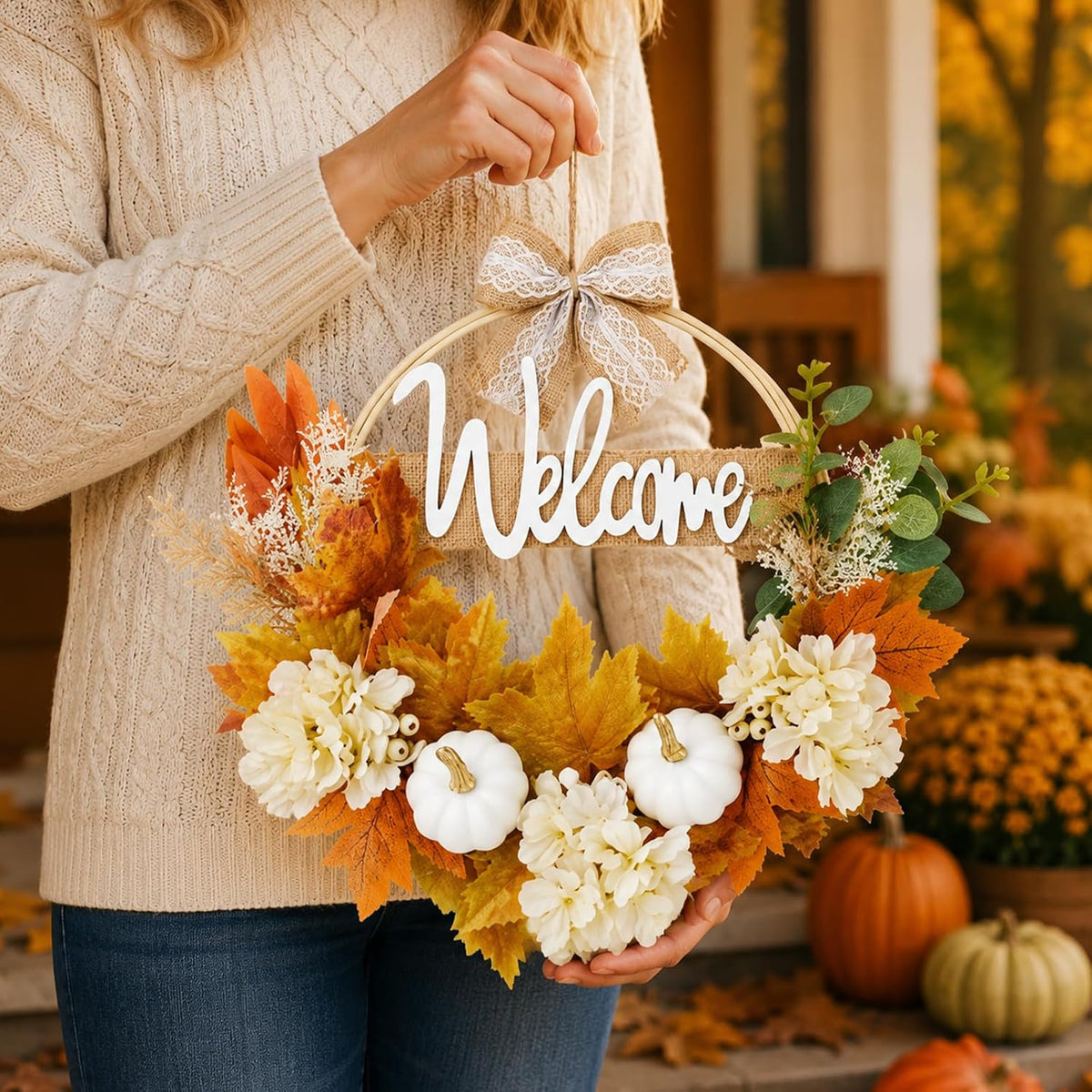 Autumn Maple Leaf Welcome Wreath with Burlap Bow - product image 7
