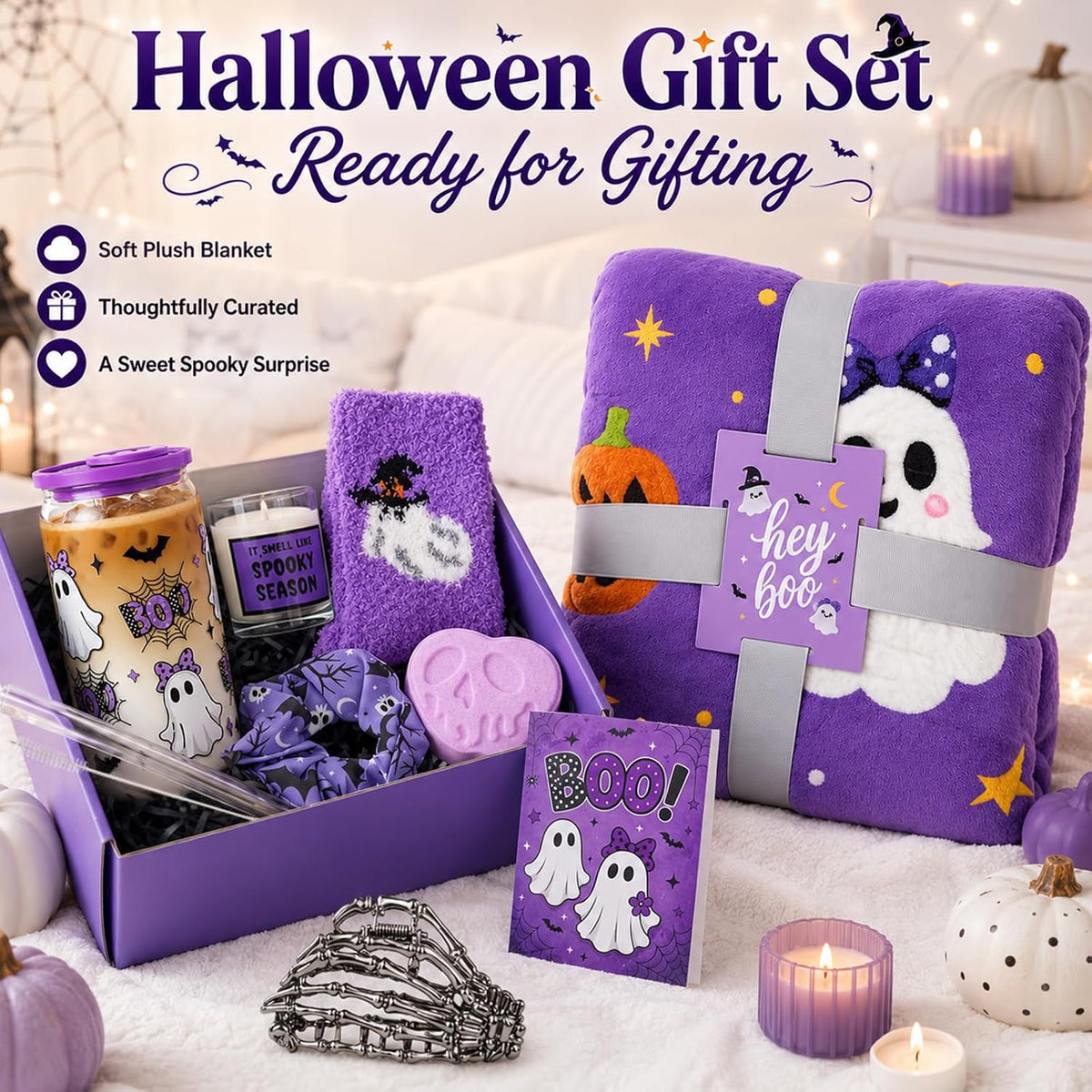 Purple Halloween Boo Basket with Glass Cup and Blanket - product image 2