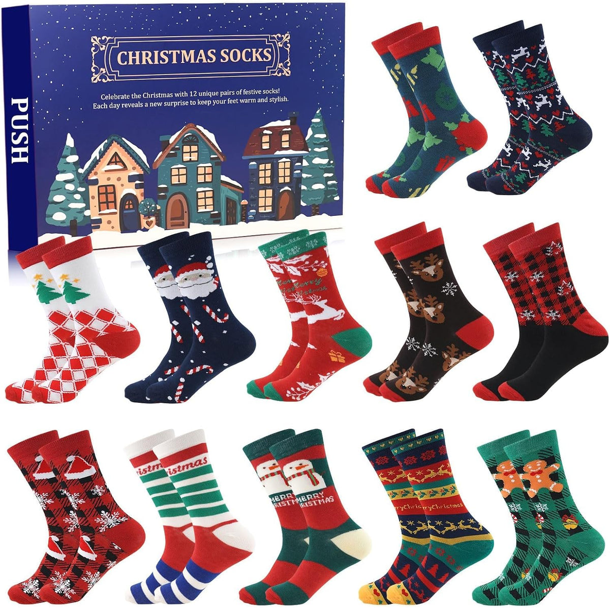 ANOTION Christmas Socks Advent Calendar for Men - 12 Pairs - set and countdown packaging