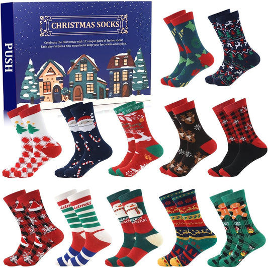 ANOTION Christmas Socks Advent Calendar for Men - 12 Pairs - set and countdown packaging