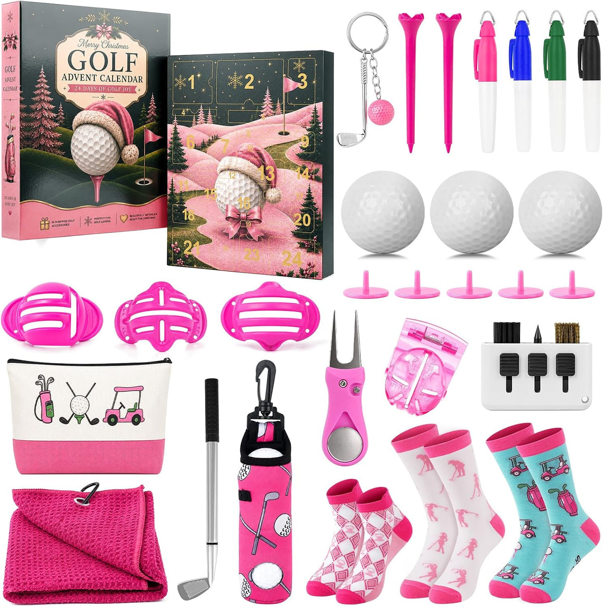 ONEHAUS Pink Golf Advent Calendar - 24 Days - set and countdown packaging